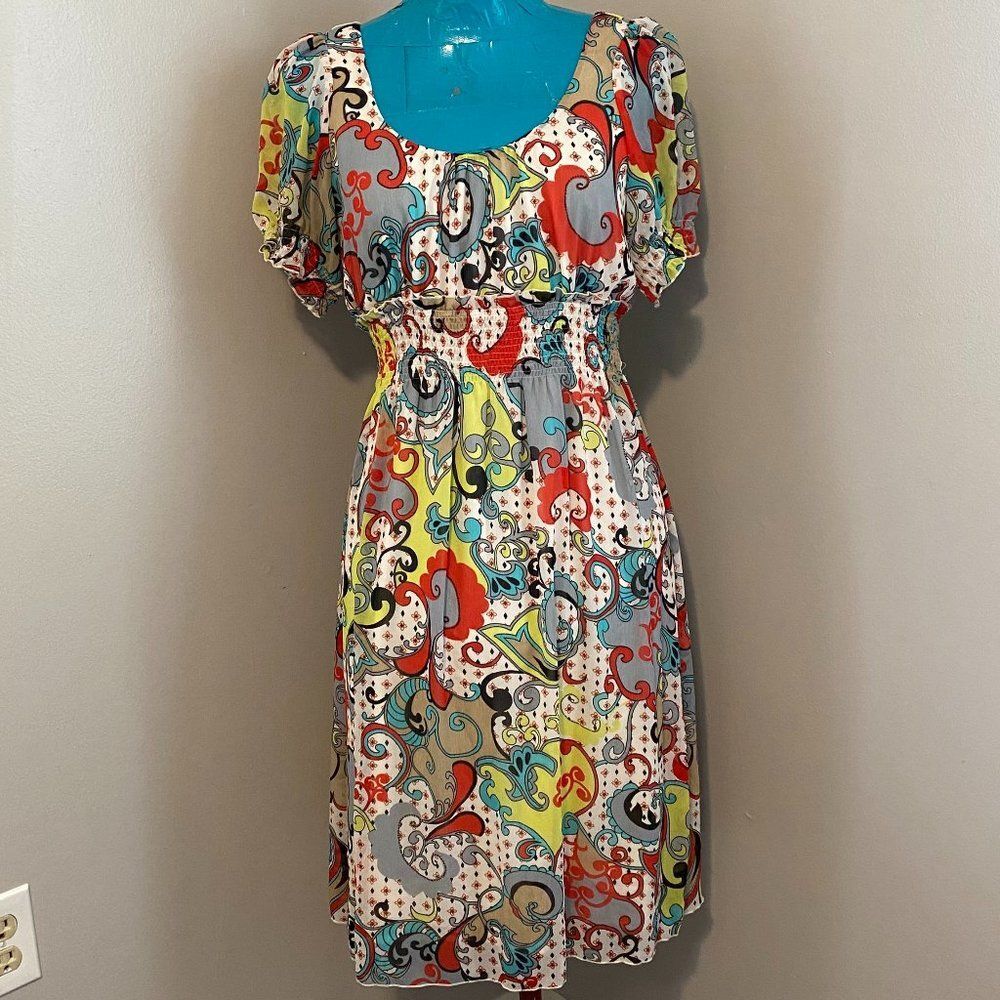 Believe Boho Paisley Scoop Neck Short Sleeve Elastic Waist Womens Dress Size 10